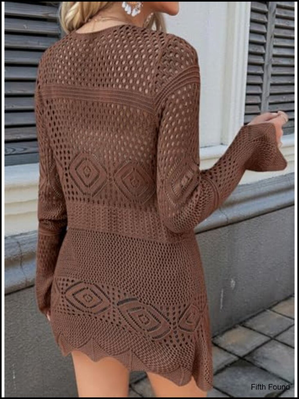 Crochet Cardigan Long Sleeve Tie Front Hollow Out Knit Summer Beach Coverup - Picture 5 of 6